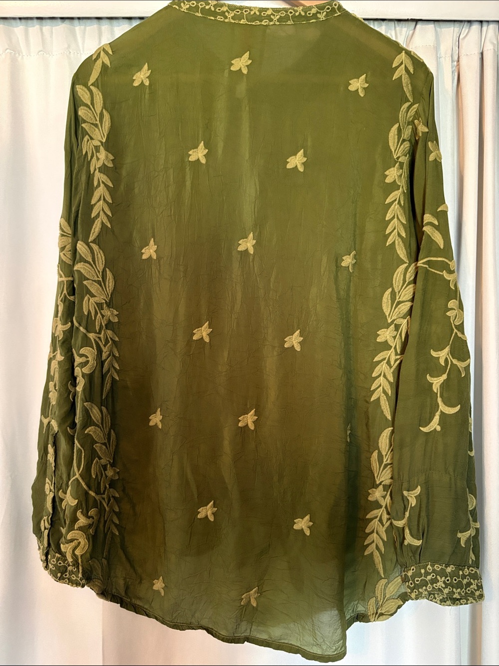 Johnny Was Embroidered Olive Green Sheer Tie-Front Blouse Size M - Picture 2 of 4